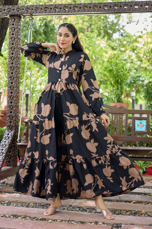 Black Floral Printed Long Maxi Dress for Women – Full Sleeve Stylish Ethnic Wear with Button Detail