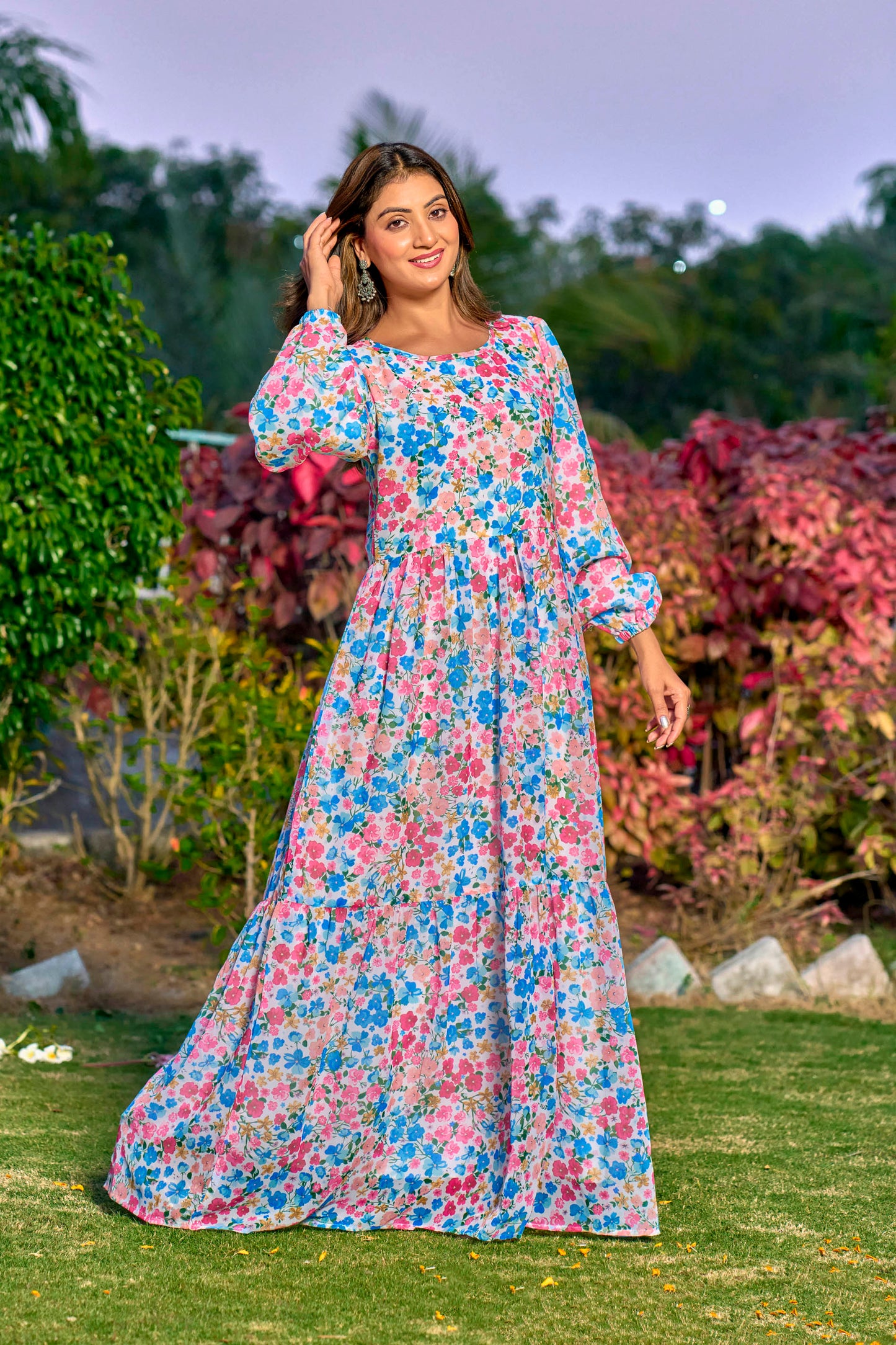 Georgette Fabric, with crape lining for no transparency, Frill Pattern, Floral Print, Bishop Sleeves with Elastic Cuffs, Puff Sleeve Pattern, Without Dupatta,