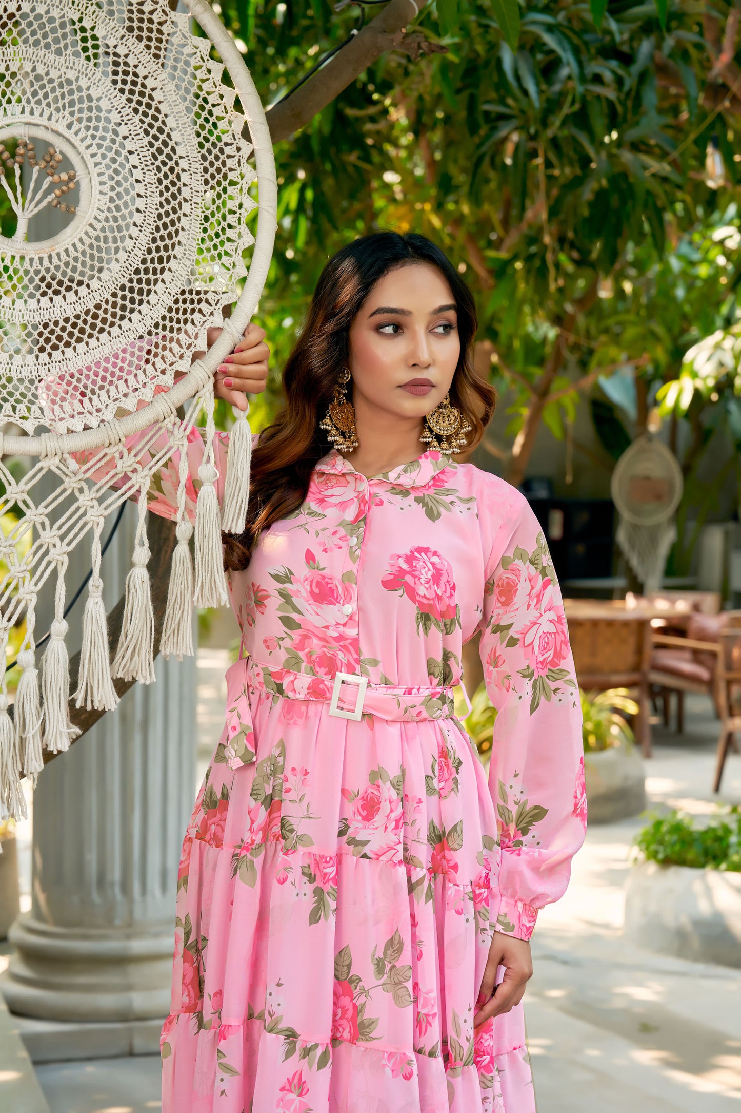 SARINKU Pink Georgette Fabric with crepe lining for no transparency shirt color with openable button Floral Print Shirt Style Cuffs Puff Sleeve Pattern with Belt Without Dupatta