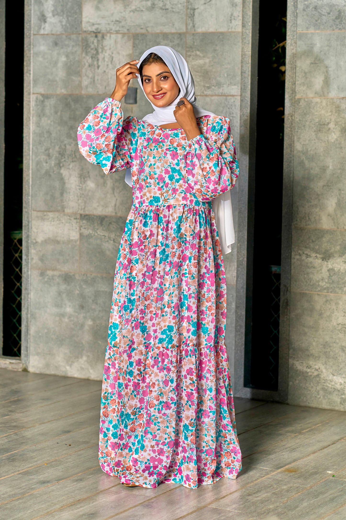 Georgette Fabric, with Crepe lining for no transparancy, Frill Pattern, Floral Print, Bishop Sleeves with Elastic Cuffs, Puff Sleeve Pattern, Without Dupatta,