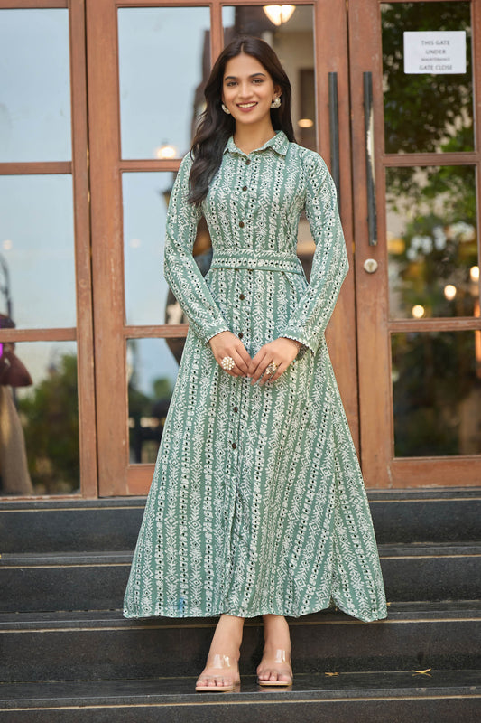 Elegant Green Printed Maxi Dress with Belt – Full Sleeve | Modest & Stylish