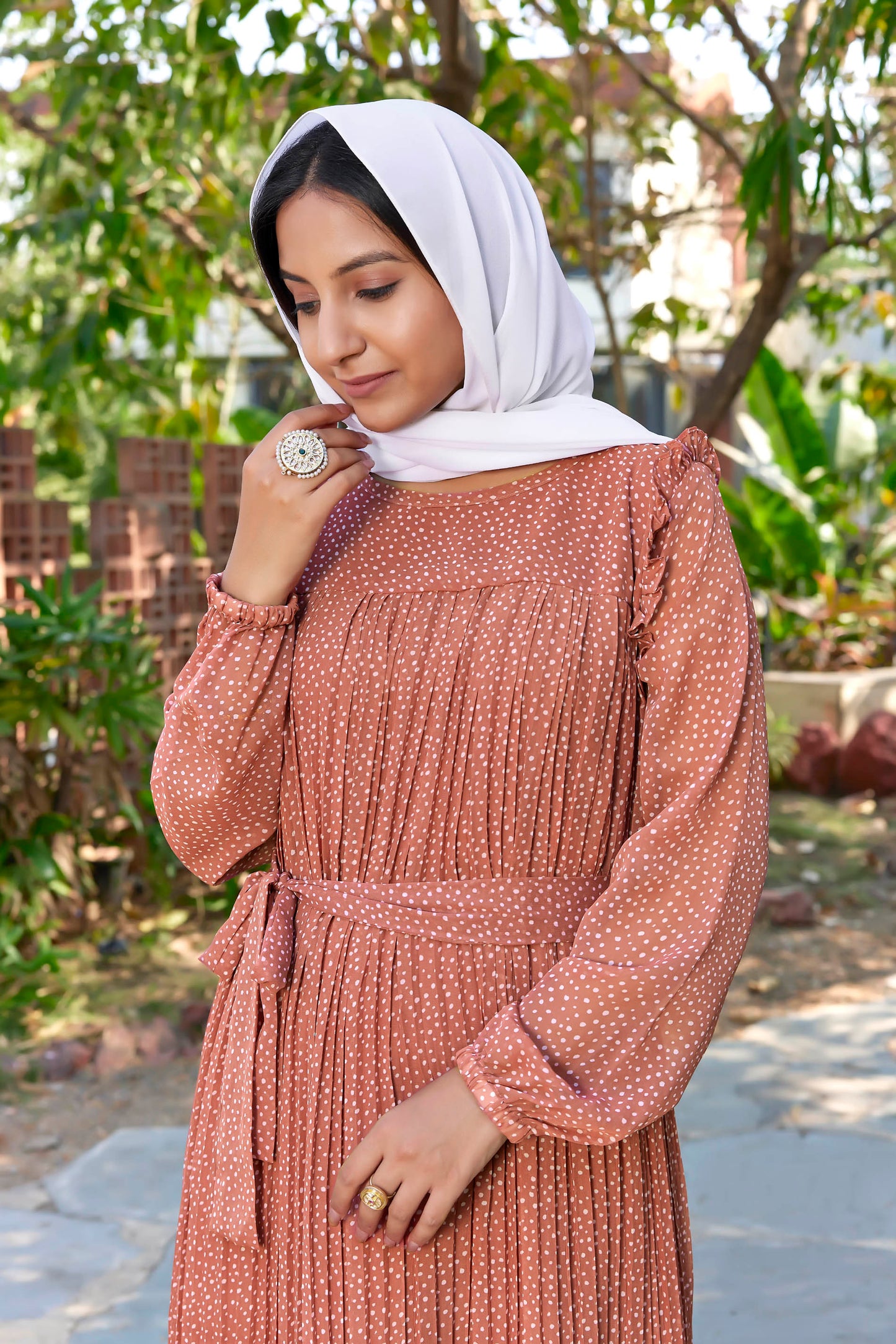 Sarinku Rust Peach Georgette Fabric with Crepe lining for no transparency Frill Pattern Polka Dots Print Bishop Sleeves with Elastic Cuffs Balloon Sleeve Pattern with Belt Without Dupatta