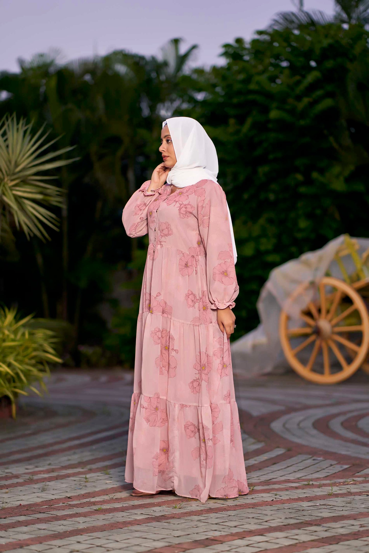 Women’s Pink Floral Printed Georgette Maxi Dress with Front Buttons