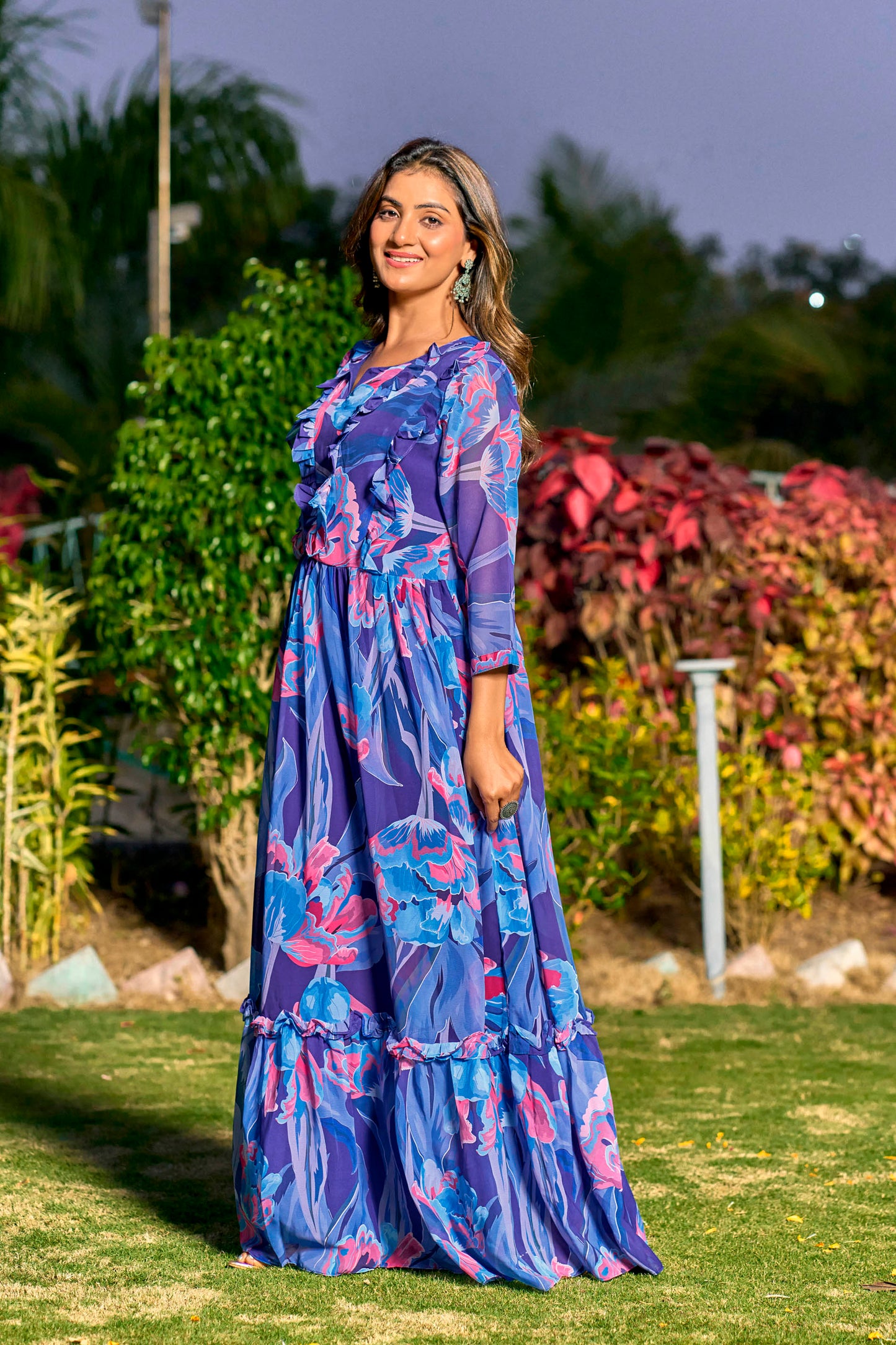 Georgette Fabric, with Crepe lining for no transparency, Gathering Pattern, Floral Print, Bishop Sleeves with Elastic Cuffs, Puff Sleeve Pattern, Without Dupatta,