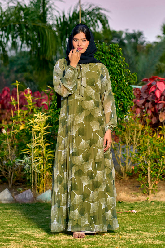 Stylish Floral Printed Georgette Modest Abaya for Women