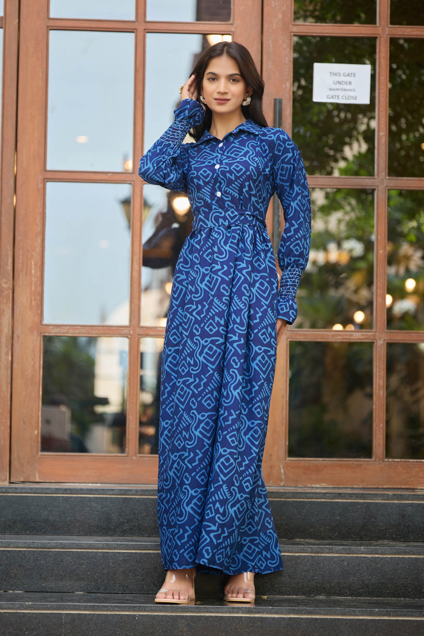 Women’s Blue Abstract Printed Maxi Dress with Full Sleeves