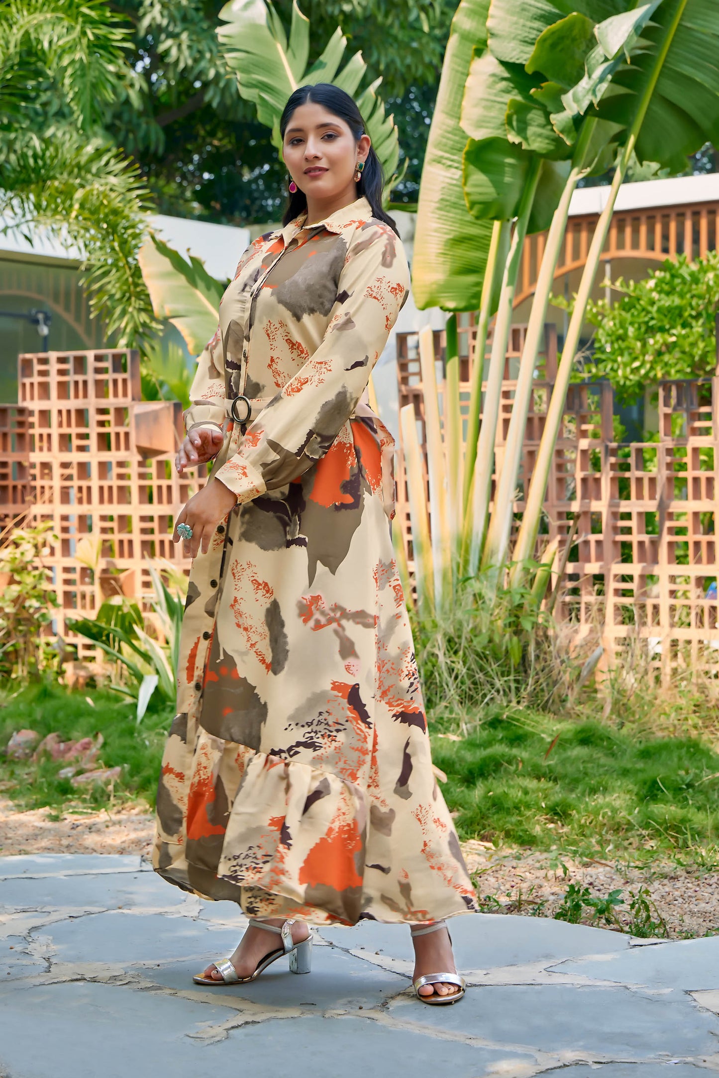 Nida fabric, no transparency, front button open pattern, abstract print, shirt style cuffs, regular sleeve pattern, with belt, front open buttons feeding friendly, without dupatta,s