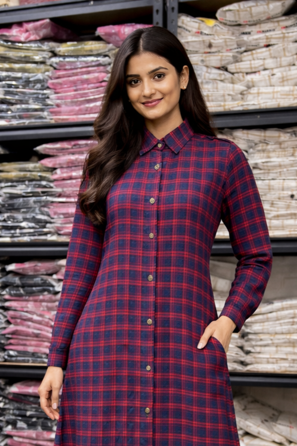 SARINKU RED Cotton fabric no transparency Front Button Open Pattern Chex Print Shirt Style Cuffs Puff Sleeve Pattern With Lining Sleeves With Pocket Front Open Buttons Feeding Friendly Without Dupatta