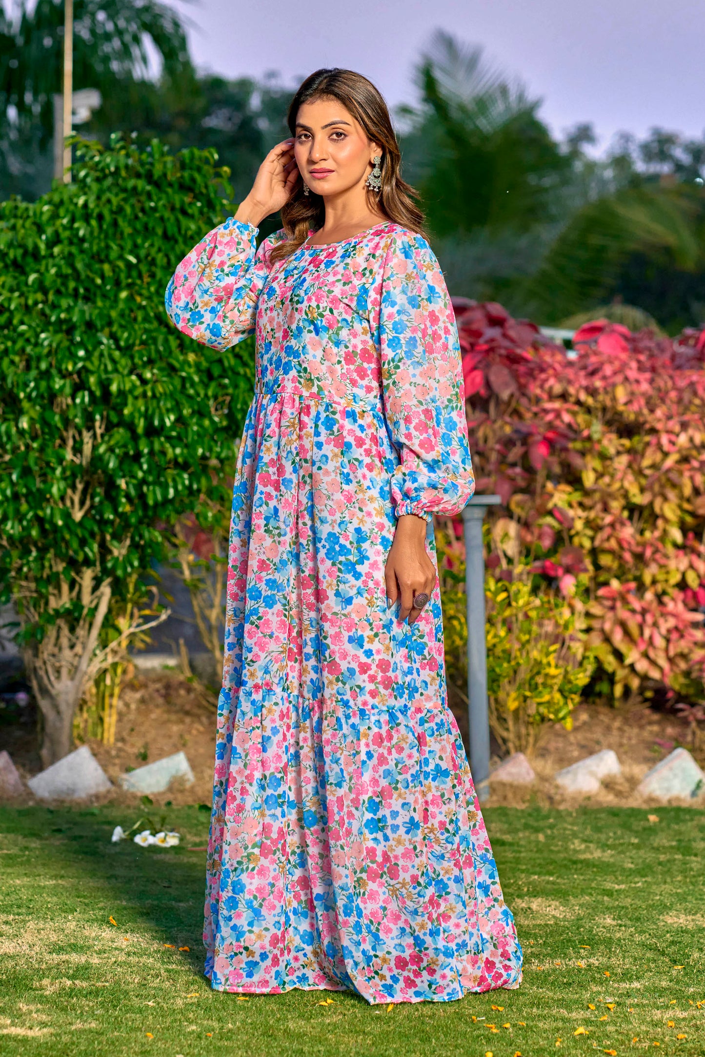 Georgette Fabric, with crape lining for no transparency, Frill Pattern, Floral Print, Bishop Sleeves with Elastic Cuffs, Puff Sleeve Pattern, Without Dupatta,