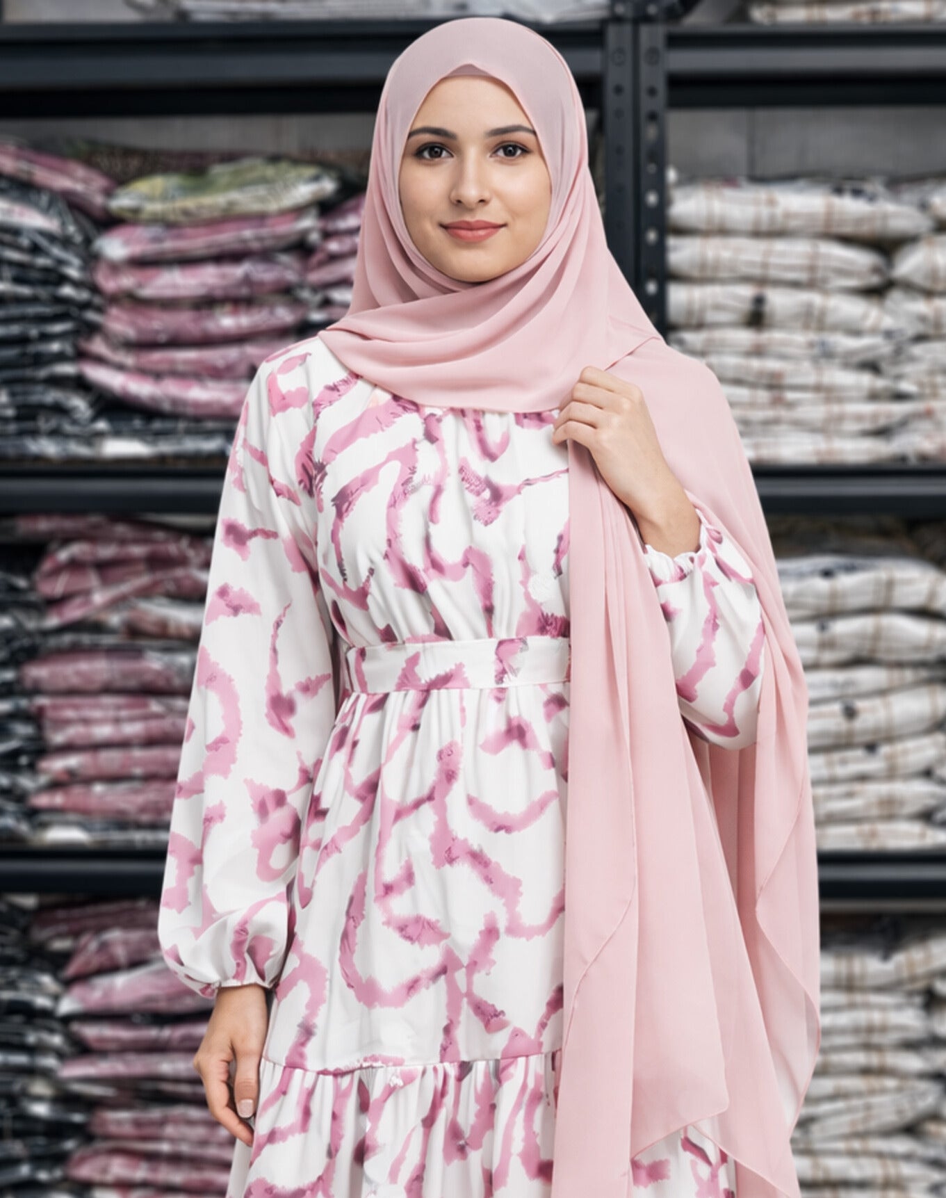SARINKU WHITE&amp;PINK Georgette Fabric with crepe lining for no transparency Umbrella Pattern Floral Print Bishop Sleeves with Elastic Cuffs Puff Sleeve Pattern Without Belt Without Dupatta