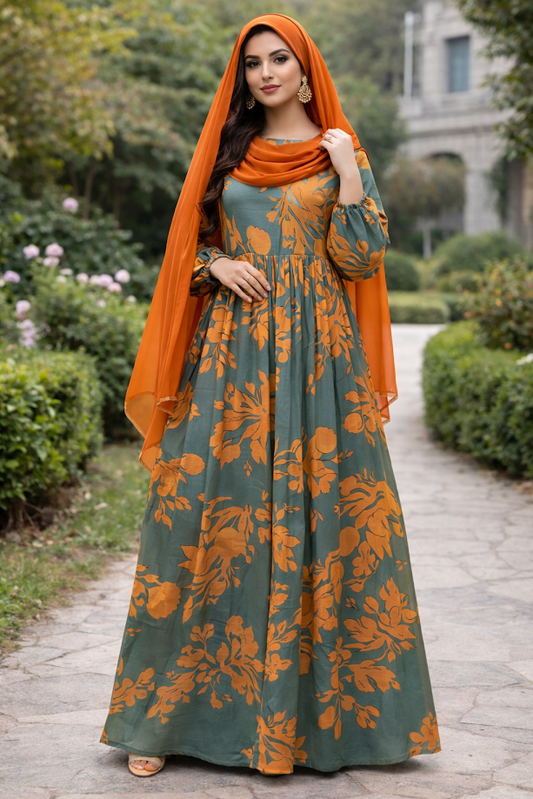 SARINKU Mehndi Orange Georgette Fabric with crepe lining for no transparency Umbrella Pattern Floral Print Bishop Sleeves with Elastic Cuffs Puff Sleeve Pattern Without Dupatta