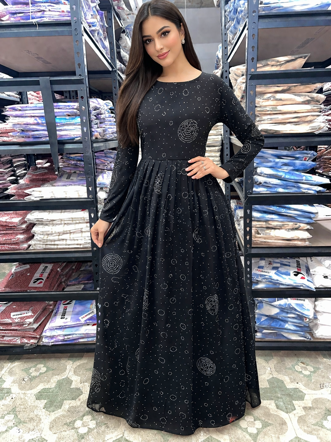 Black Georgette Fabric with Crepe Lining for no Transparency Umbrella Pattern Abaya Diamond Studded Elastic Cuffs Puff Sleeve Pattern Abaya Without Dupatta