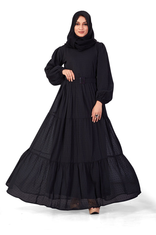 Women's Black Full-Length Maxi Dress with Belt & Puff Sleeves
