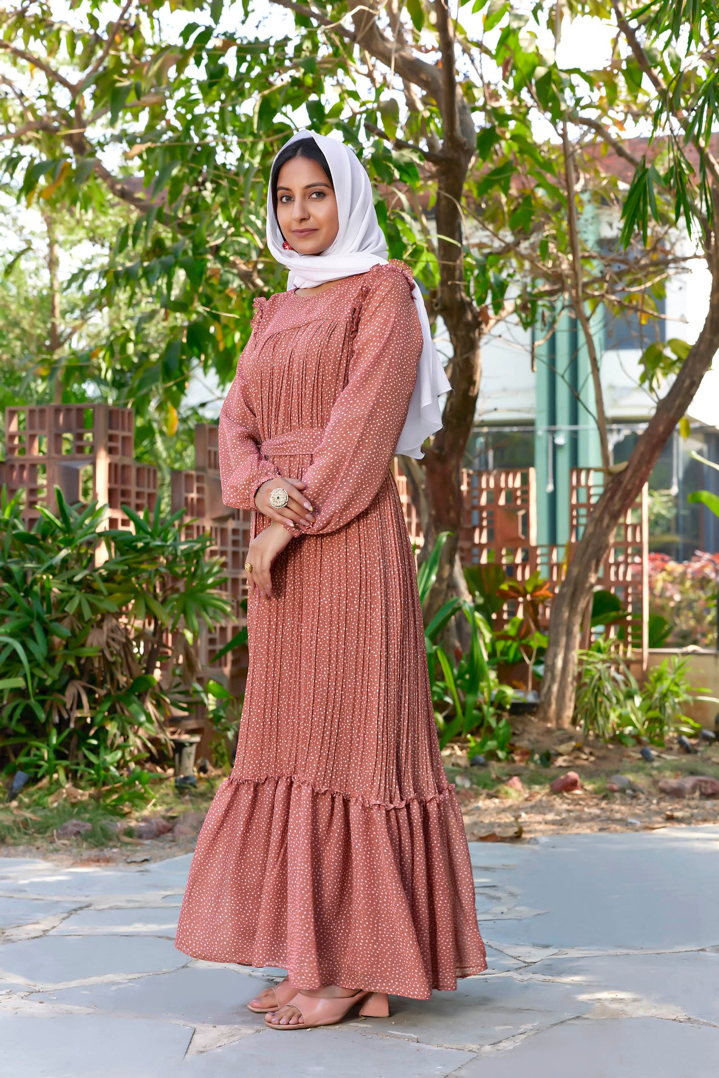 Sarinku Rust Peach Georgette Fabric with Crepe lining for no transparency Frill Pattern Polka Dots Print Bishop Sleeves with Elastic Cuffs Balloon Sleeve Pattern with Belt Without Dupatta