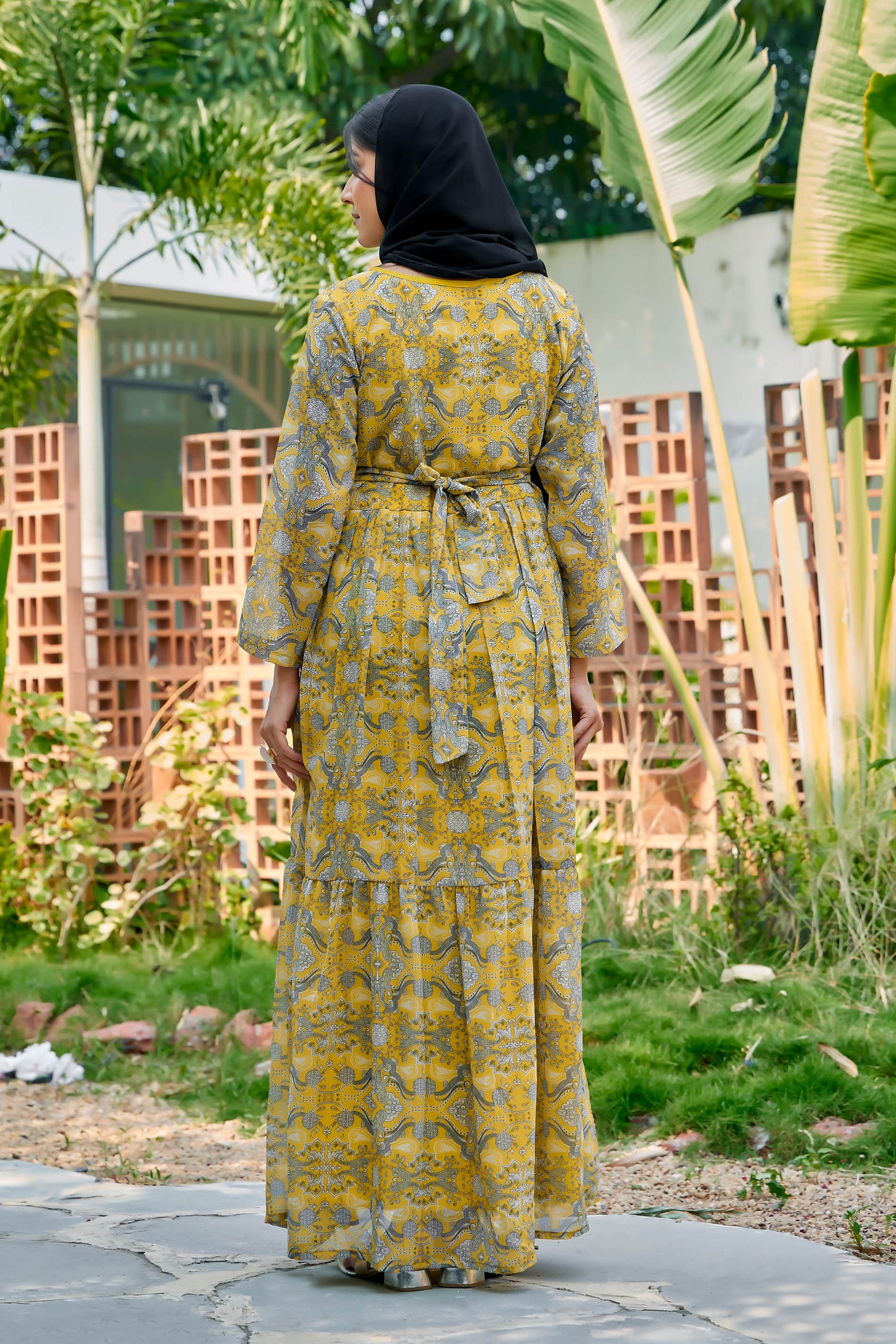 Women’s Yellow Printed Georgette A-Line Print Abaya with Waist Belt