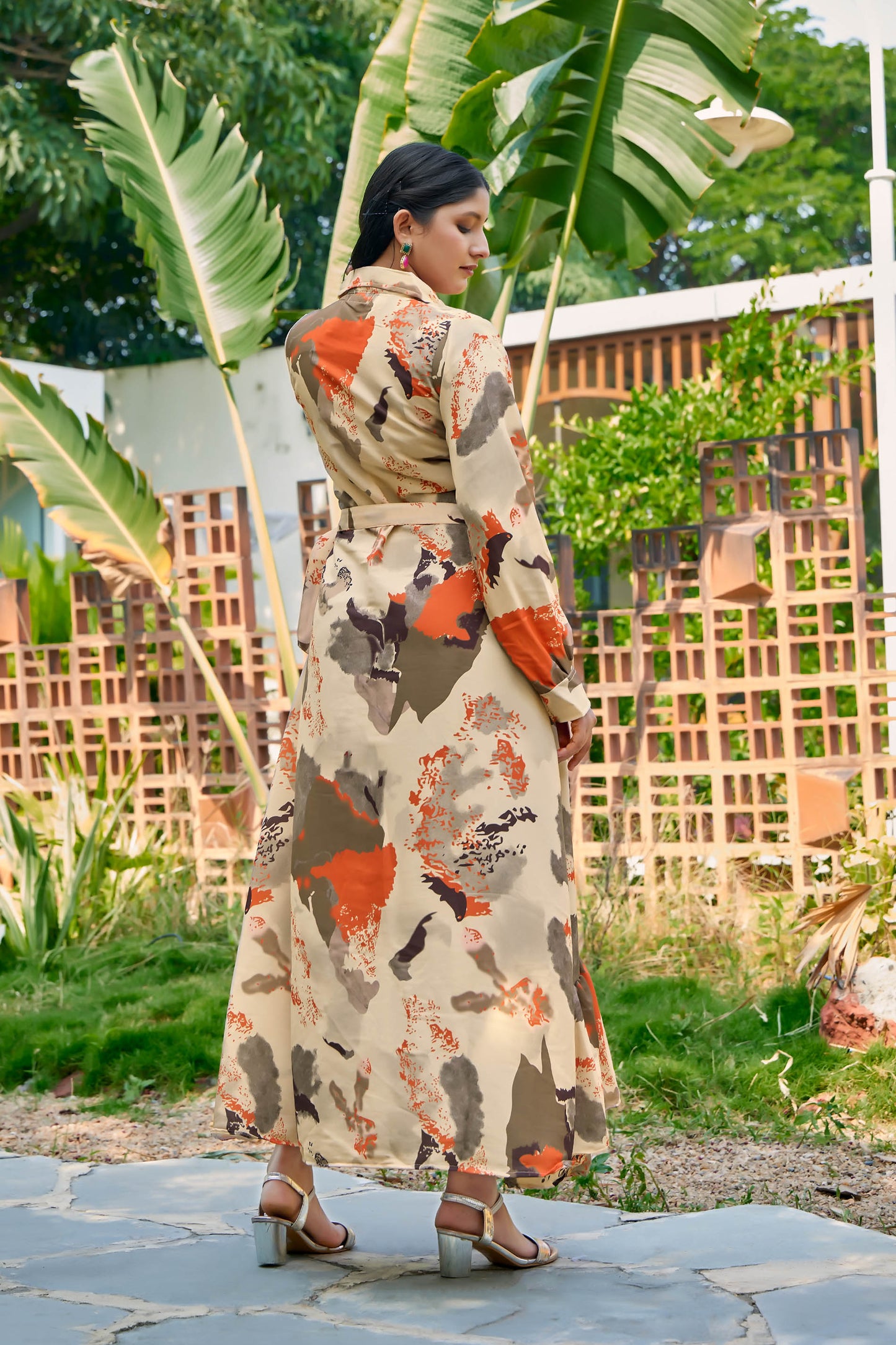 Nida fabric, no transparency, front button open pattern, abstract print, shirt style cuffs, regular sleeve pattern, with belt, front open buttons feeding friendly, without dupatta,s