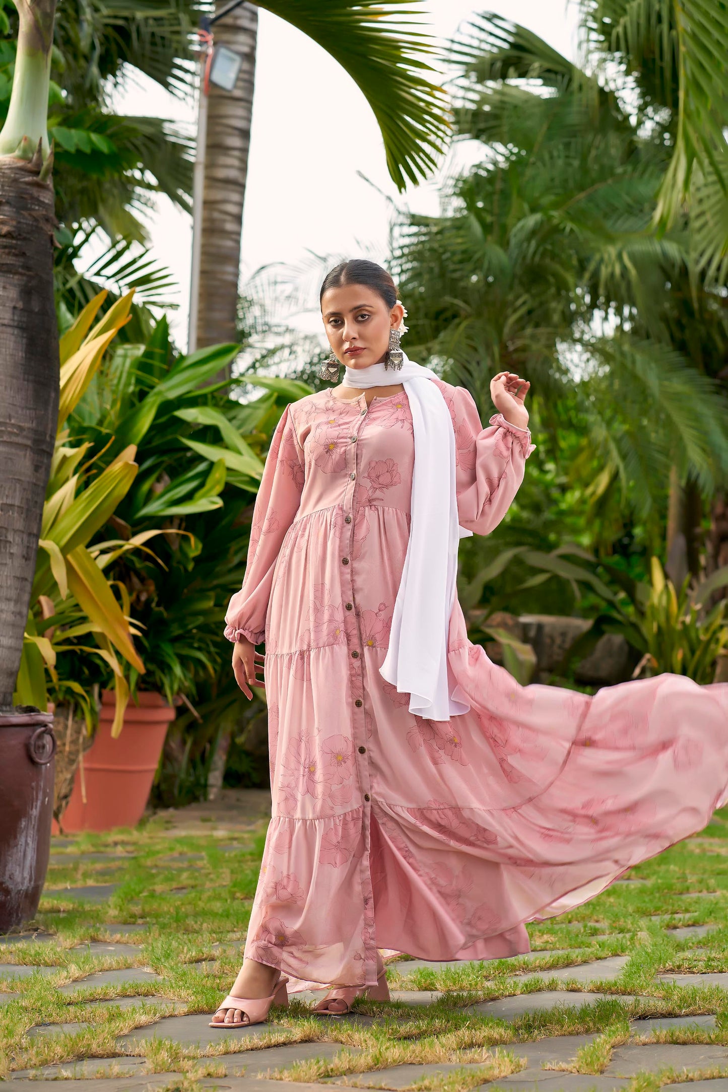 Women’s Pink Floral Printed Georgette Maxi Dress with Front Buttons