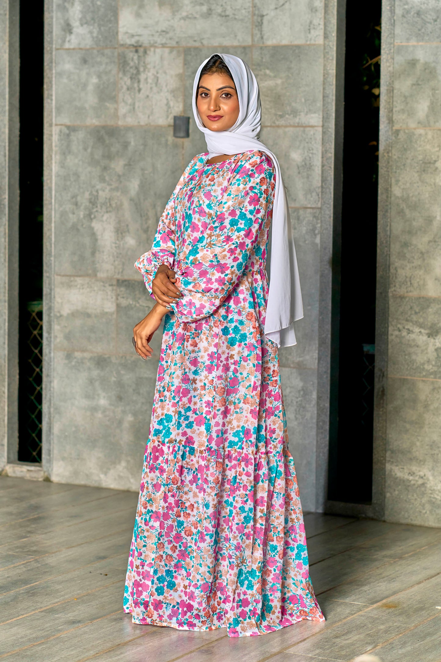 Georgette Fabric, with Crepe lining for no transparancy, Frill Pattern, Floral Print, Bishop Sleeves with Elastic Cuffs, Puff Sleeve Pattern, Without Dupatta,