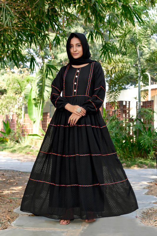 SARINKU Black Georgette Fabric with Crepe lining for no transparency Gajjing & Lace Pattern Bishop Sleeves with Elastic Cuffs Balloon Sleeve Pattern Without Dupatta