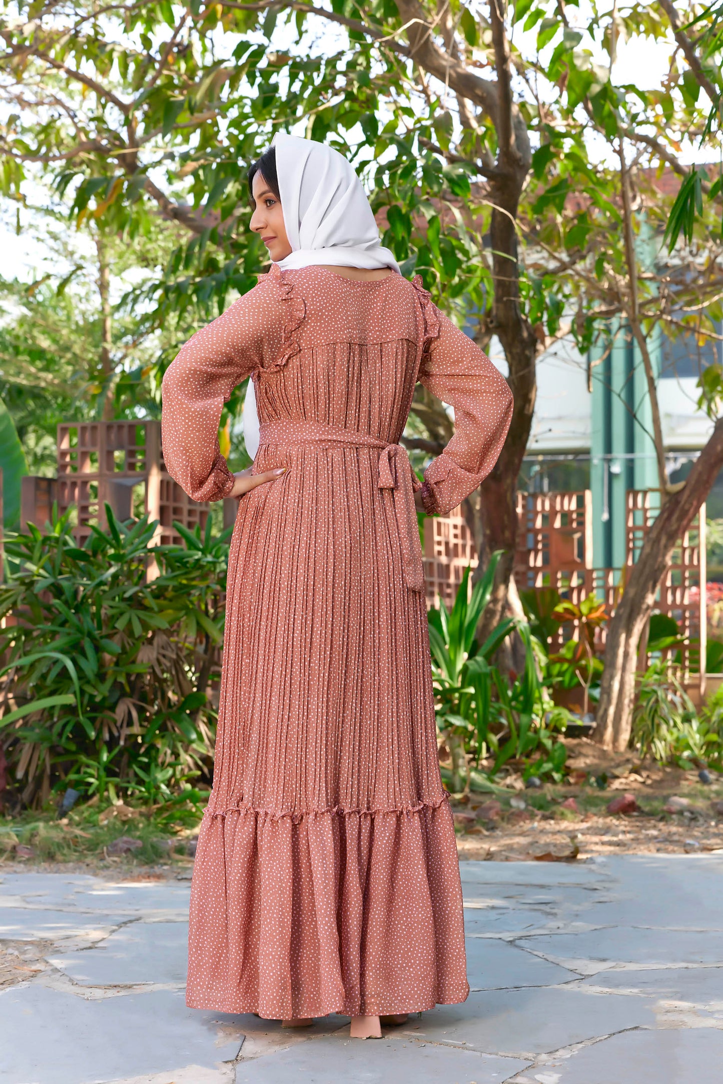 Sarinku Rust Peach Georgette Fabric with Crepe lining for no transparency Frill Pattern Polka Dots Print Bishop Sleeves with Elastic Cuffs Balloon Sleeve Pattern with Belt Without Dupatta