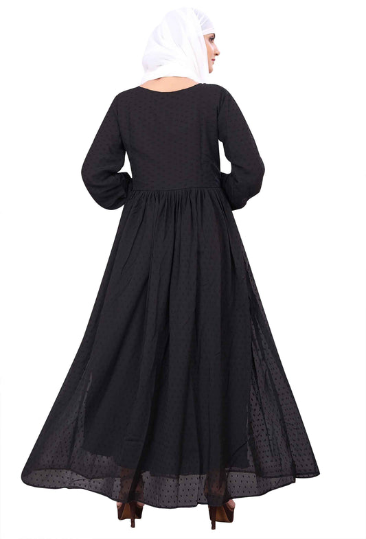 Women's Black Embellished Georgette Full-Length Maxi Dress with Long Sleeves