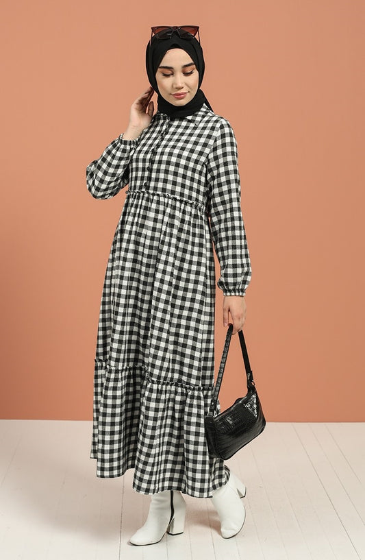Black & White Checkered Maxi Dress for Women - 56 Inch Long, Casual & Modest Style