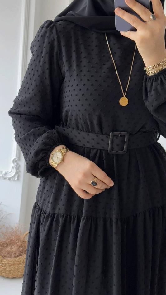 Women's Black Full-Length Maxi Dress with Belt & Puff Sleeves