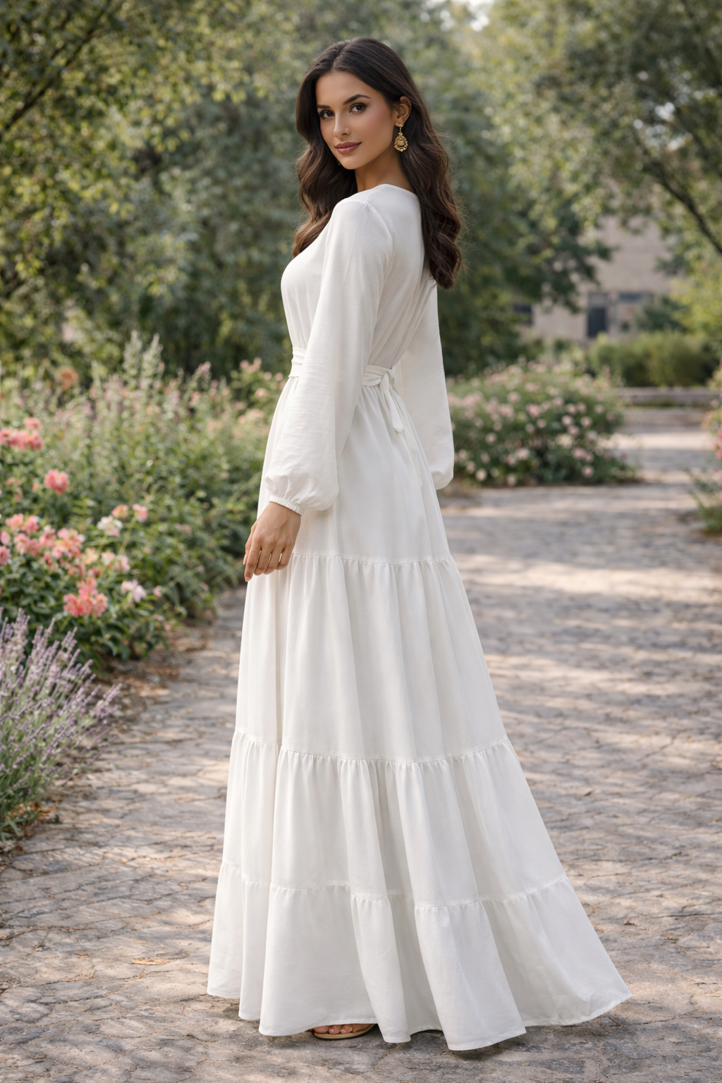 SARINKU WHITE&PINK CY crush fabric, with crepe lining for no transparency Umbrella Pattern Bishop Sleeves with Elastic Cuffs Puff Sleeve Pattern Without Belt Without Dupatta