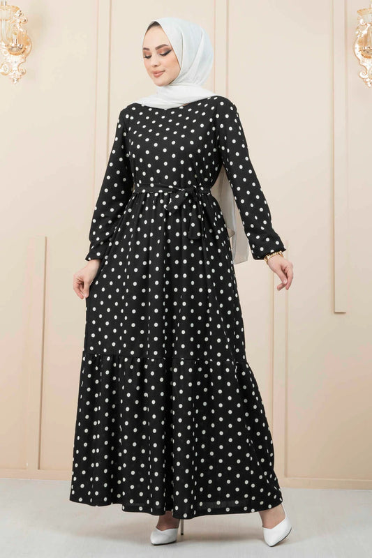 Women's Black & White Polka Dot Crepe Maxi Dress with Belted Waist and Full Sleeves – 56 Inch Length