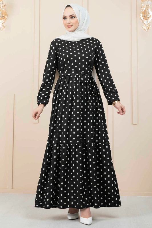 Women's Black & White Polka Dot Crepe Maxi Dress with Belted Waist and Full Sleeves – 56 Inch Length