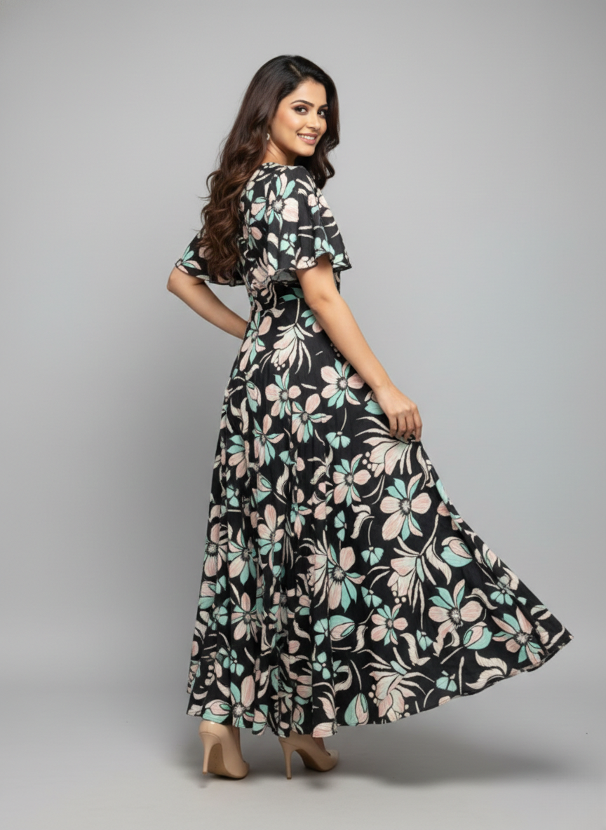 SARINKU Black Cotton fabric no transparency Umbrella Pattern Floral Print flutter sleeve