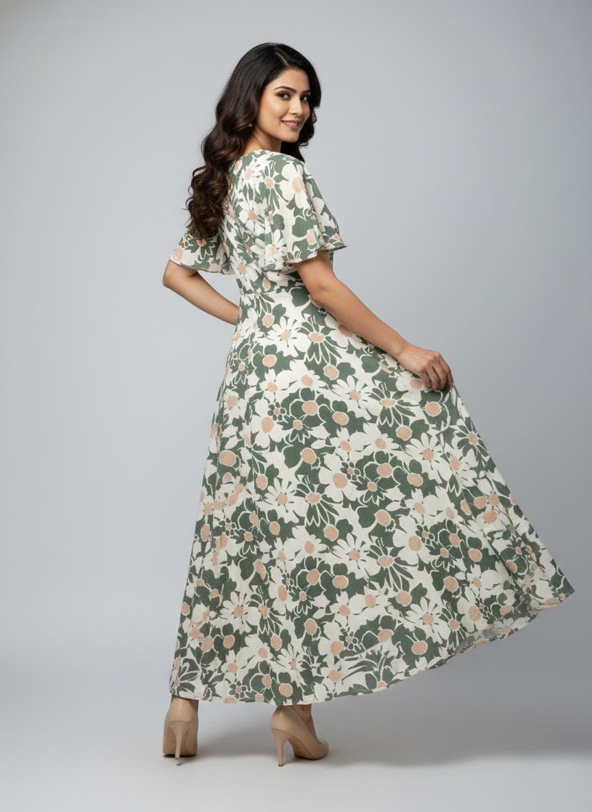 SARINKU MEHANDI Cotton fabric no transparency Umbrella Pattern Floral Print flutter sleeve