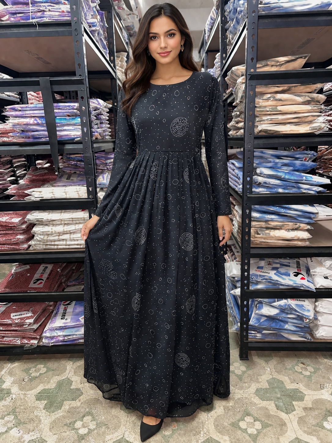 Black Georgette Fabric with Crepe Lining for no Transparency Umbrella Pattern Abaya Diamond Studded Elastic Cuffs Puff Sleeve Pattern Abaya Without Dupatta