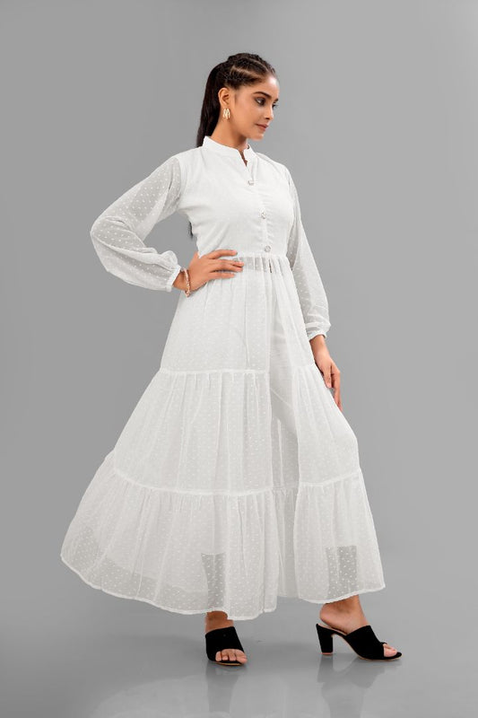 Women's White Long Shrug with Full Sleeves & Front Button Closure