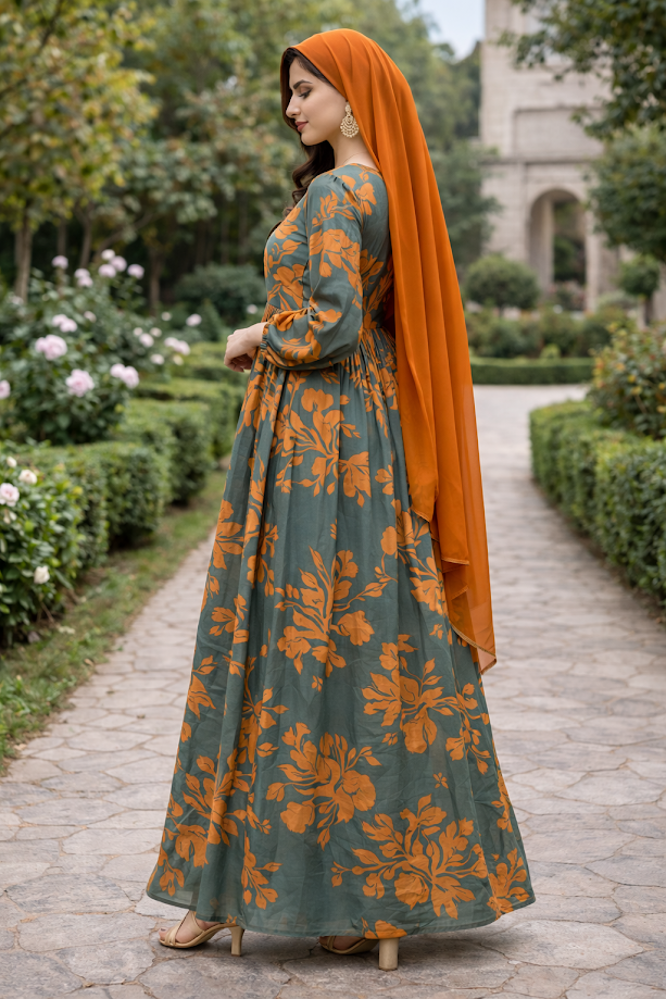 SARINKU Mehndi Orange Georgette Fabric with crepe lining for no transparency Umbrella Pattern Floral Print Bishop Sleeves with Elastic Cuffs Puff Sleeve Pattern Without Dupatta