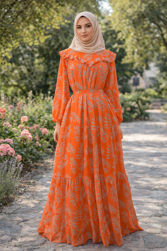 SARINKU Orange color Georgette Fabric with crepe lining for no transparency Umbrella Pattern Floral Print Bishop Sleeves with Elastic Cuffs Puff Sleeve Pattern Without Belt Without Dupatta