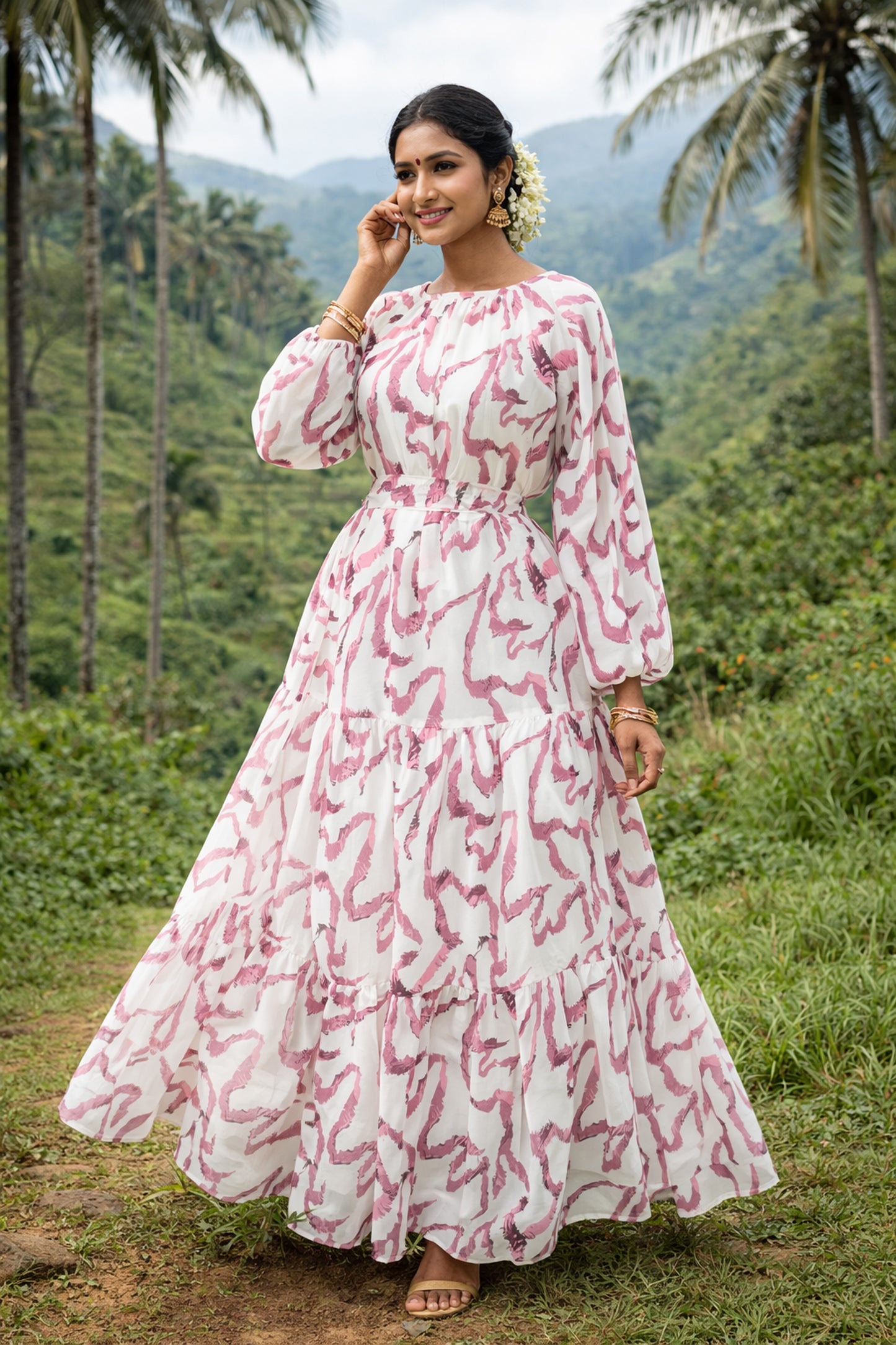 SARINKU WHITE&amp;PINK Georgette Fabric with crepe lining for no transparency Umbrella Pattern Floral Print Bishop Sleeves with Elastic Cuffs Puff Sleeve Pattern Without Belt Without Dupatta