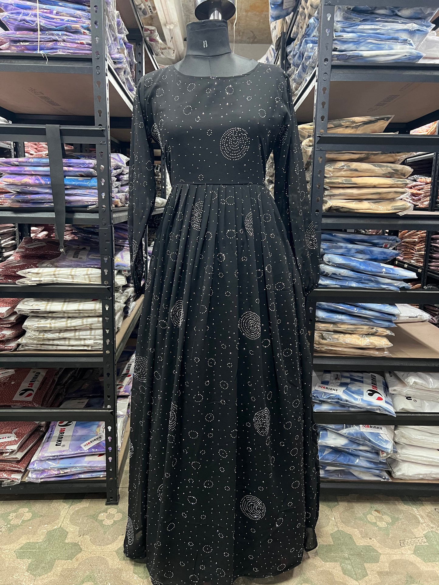 Black Georgette Fabric with Crepe Lining for no Transparency Umbrella Pattern Abaya Diamond Studded Elastic Cuffs Puff Sleeve Pattern Abaya Without Dupatta
