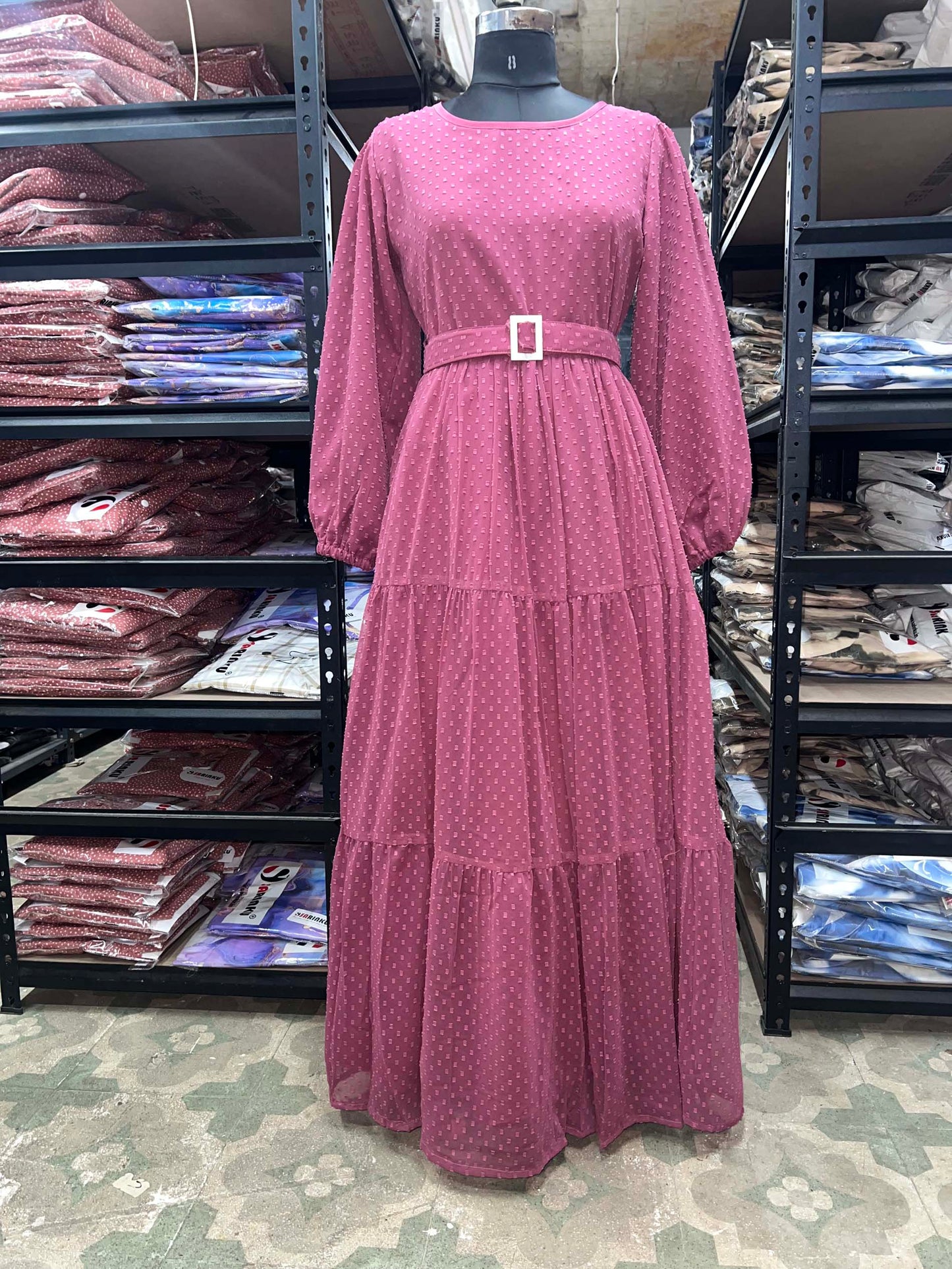 SARINKU Brown Georgette Fabric with crepe lining for no transparency Frill Pattern Bishop Sleeves with Elastic Cuffs Balloon Sleeve Pattern with Belt Without Dupatt