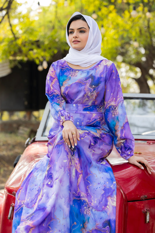 Purple & Blue Print Maxi Dress – Elegant Full Sleeve Abaya for Women