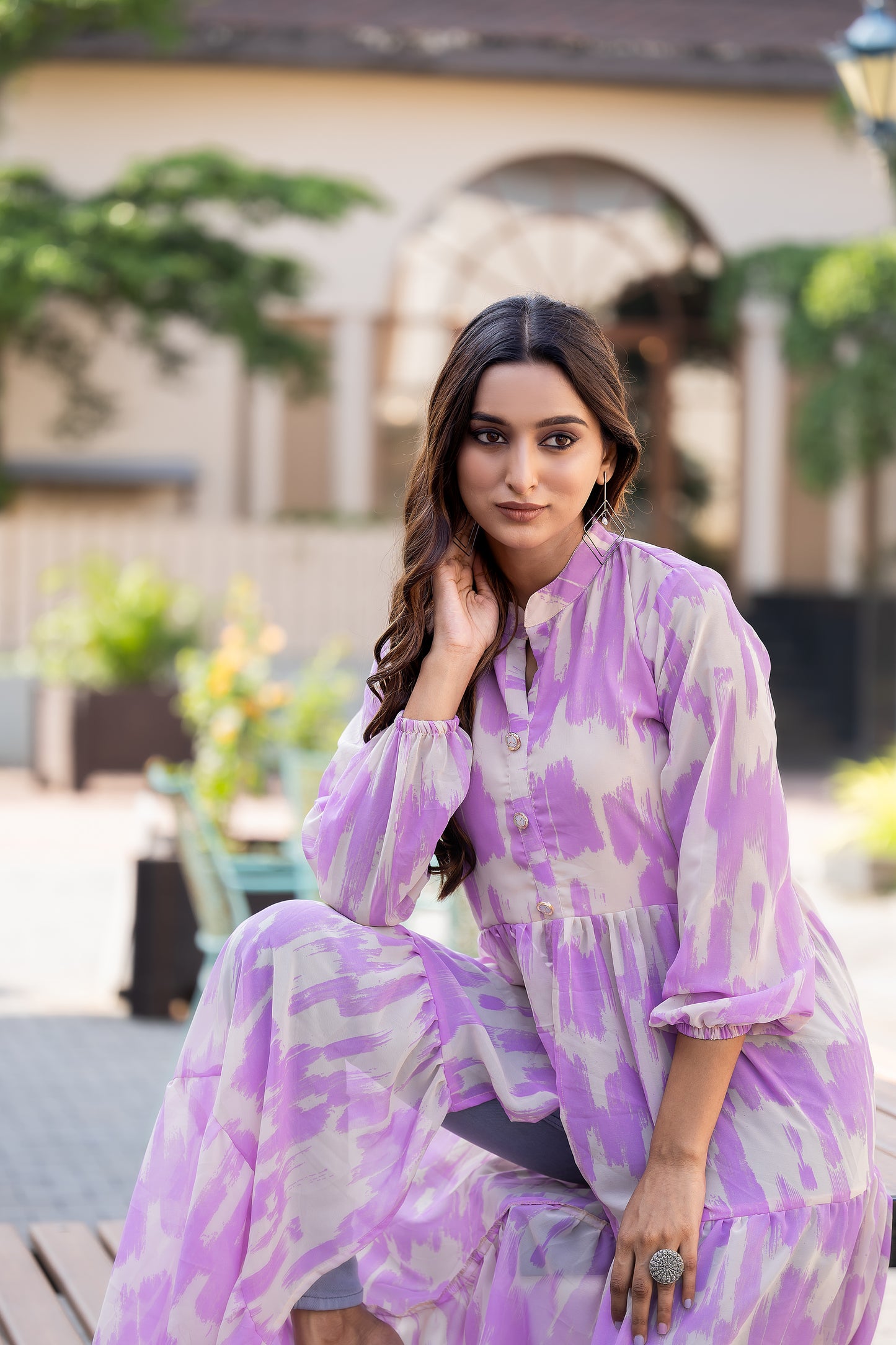 Women's Purple Ikat Printed Long Kurti with Front Button Closure & Flared Hem