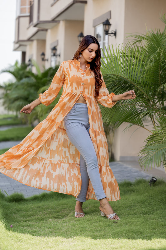 Women's Orange Ikat Printed Long Kurti with Front Button Closure & Flared Hem