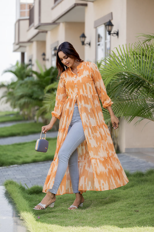 Women's Orange Ikat Printed Long Kurti with Front Button Closure & Flared Hem