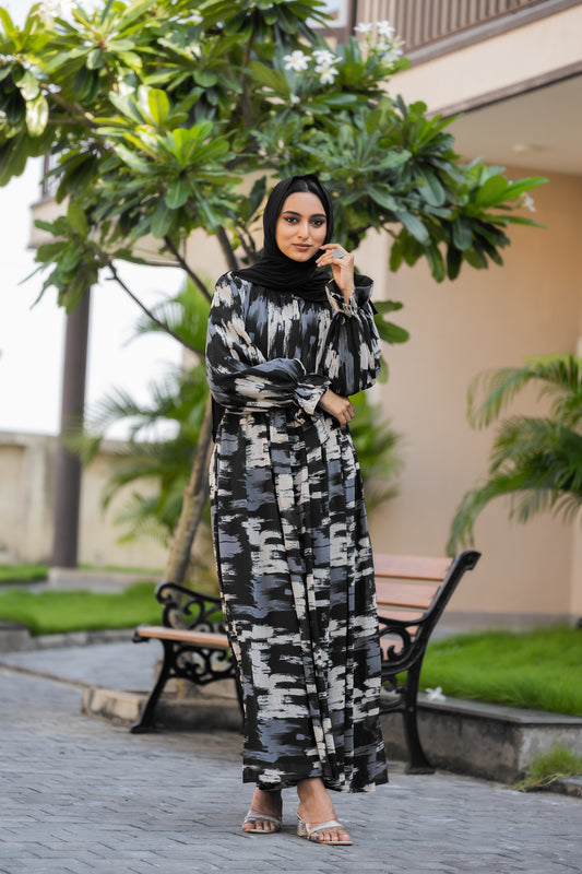 Modest Black Printed Georgette Maxi Dress with Round Neck & Waist Belt