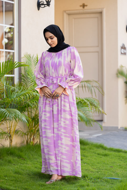 Women's Purple Abstract Print Maxi Dress with Belt & Puff Sleeves