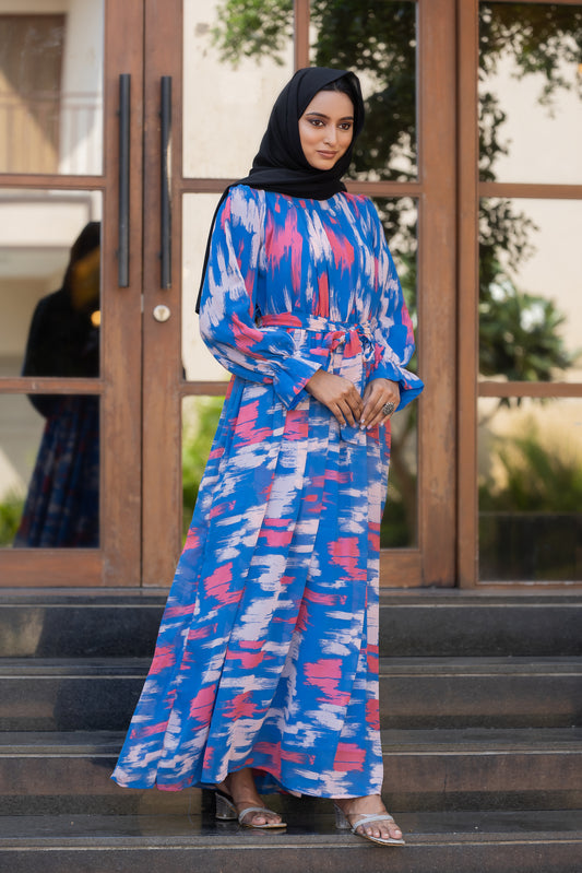 Elegant Blue & Pink Abstract Print Maxi Dress with Belt – Modest Full Sleeve Abaya for Women