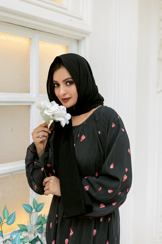 Women's Black Floral Print Tiered Maxi Dress with Puff Sleeves & Waist Belt