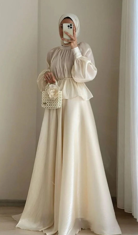 SARINKU Cream VISCOSE no transparency Umbrella Pattern Abstract Print Bishop Sleeves with Elastic Cuffs Puff Sleeve Pattern with Belt Back Zip Opening Without Dupatta