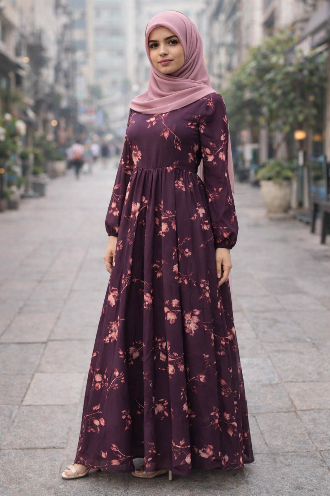 SARINKU Wine Georgette Fabric with crepe lining for no transparency Umbrella Pattern Floral Print Bishop Sleeves with Elastic Cuffs Puff Sleeve Pattern
