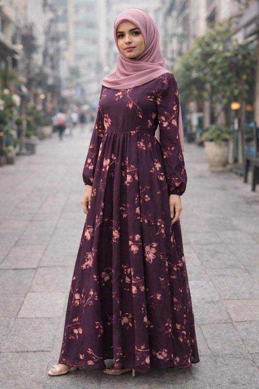 SARINKU Wine Georgette Fabric with crepe lining for no transparency Umbrella Pattern Floral Print Bishop Sleeves with Elastic Cuffs Puff Sleeve Pattern